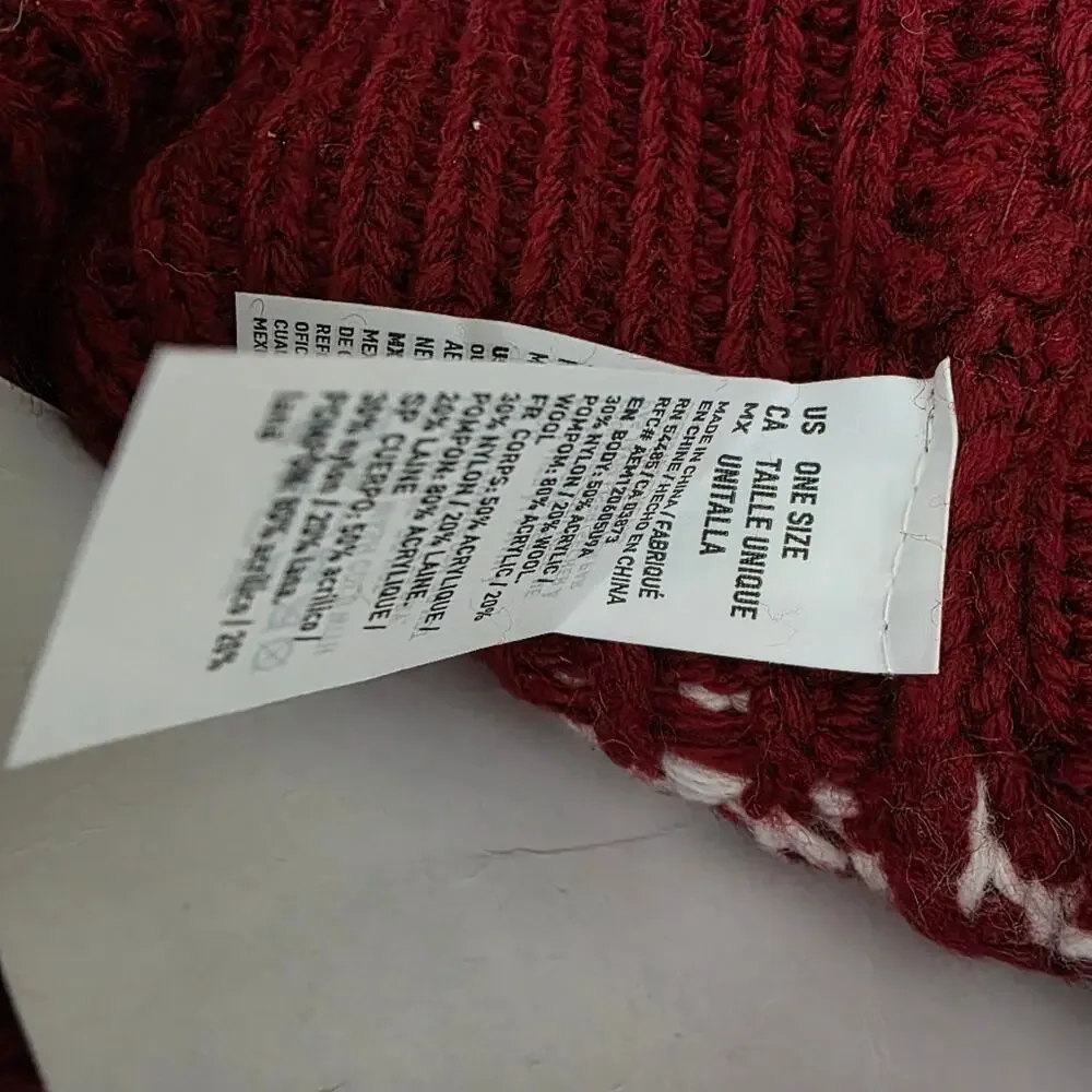 American Eagle Maroon White Pom Pom Beanie NWT Wool Blend Chunky Knit Winter Hat